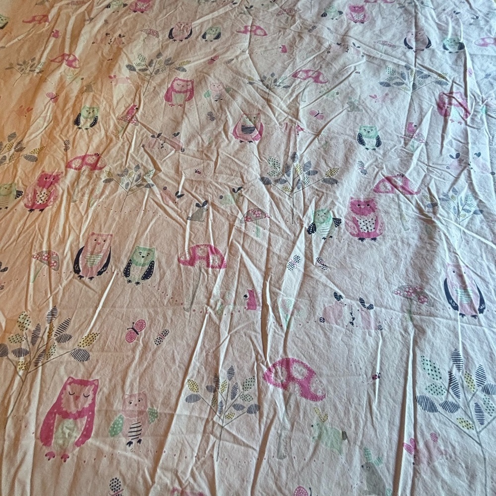 Pottery Barn Kids nature, owl, squirrel, mushroom, pink, full duvet cover